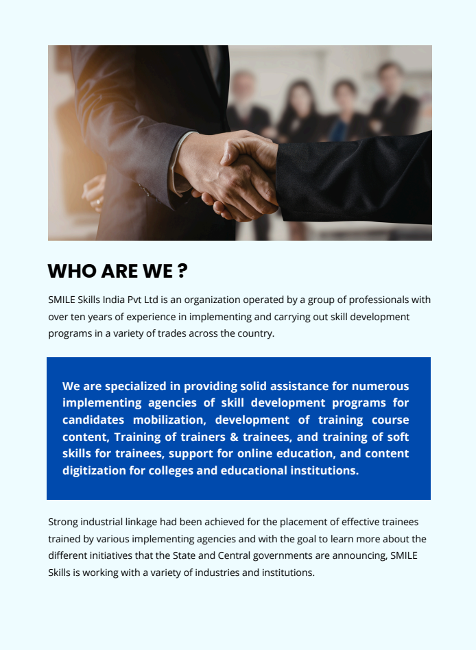 Smile Skills overview showing experience, trained candidates and placed candidates